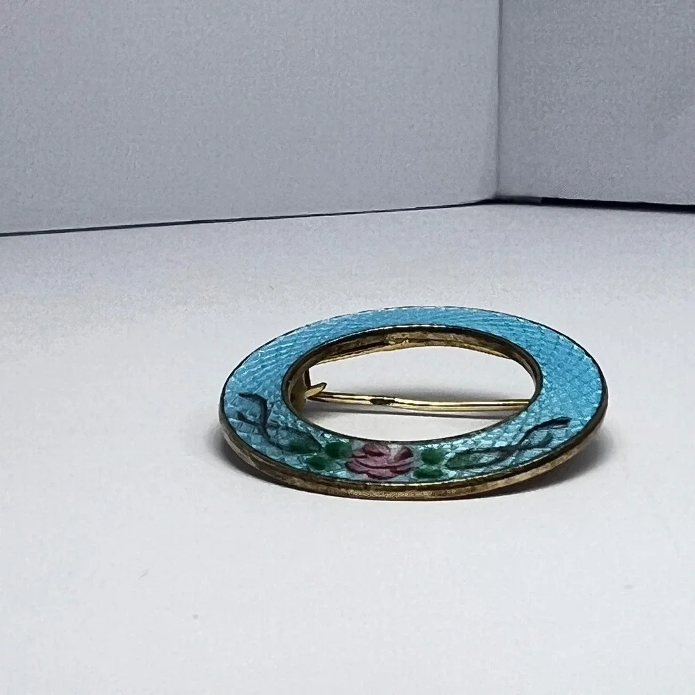 Vintage Guilloché‎ Blue Pink Rose Circle Pin Midcentury Grandma Love Gratitude